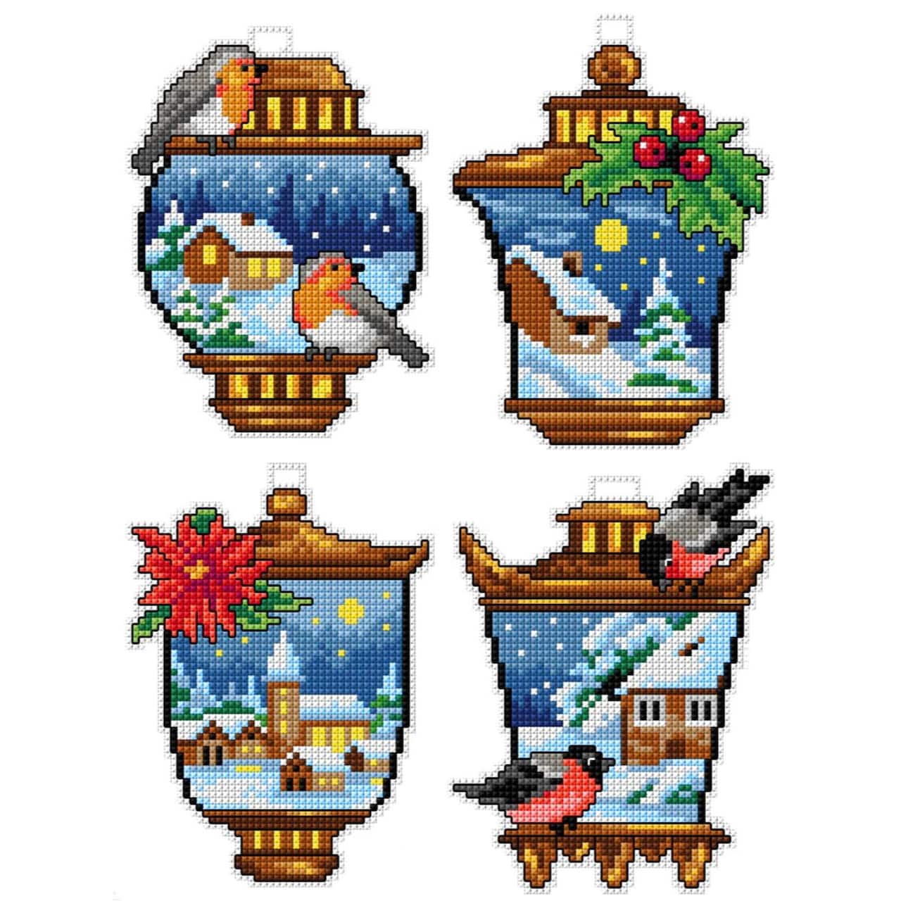 Orchidea Plastic Canvas Counted Cross Stitch Kit With Plastic Canvas Winter Lantern Set of 4 Designs